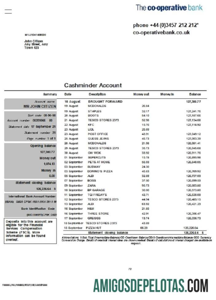 Reino Unido O extrato bancário cooperativo em formato Word e PDF